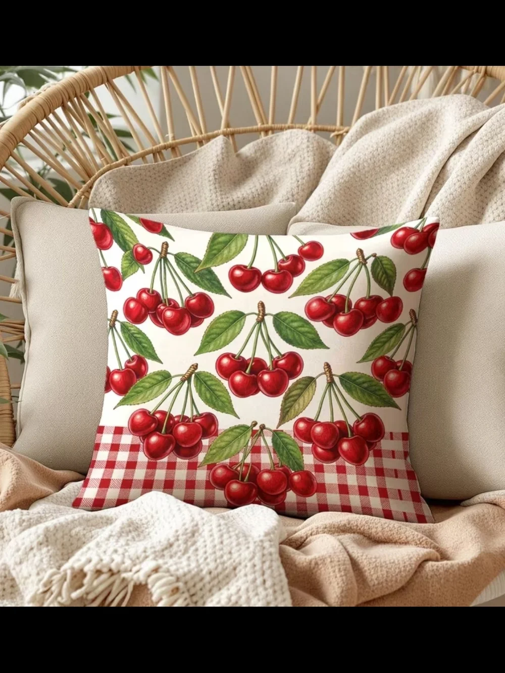 Red Cherry Print Holiday Throw Pillow by